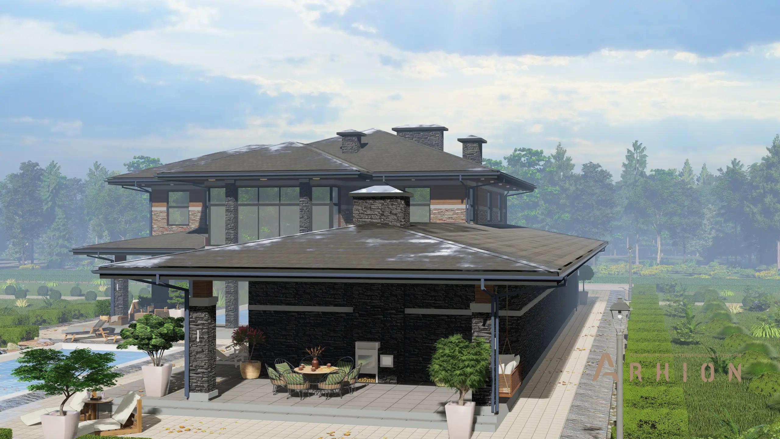 10. Проект двухэтажного дома в стиле Ллойда Райта (прерий) с четырехскатной, h-1604, площадью - 433 кв c сауной, терассой, гаражом, бассейном